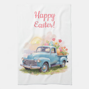 Vintage Blue Truck with Easter Eggs & Tulips Tea Towel