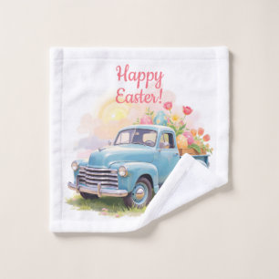 Vintage Blue Truck with Easter Eggs & Tulips Wash Cloth