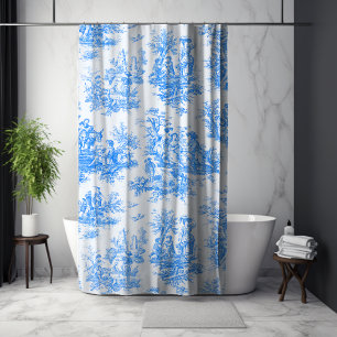Vintage Blue Turquoise Floral Toile Jouy Shower Curtain