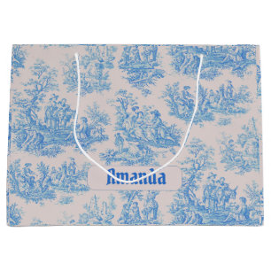 Vintage Blue Turquoise Floral Toile Monogram Large Gift Bag