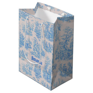 Vintage Blue Turquoise Floral Toile Monogram Medium Gift Bag