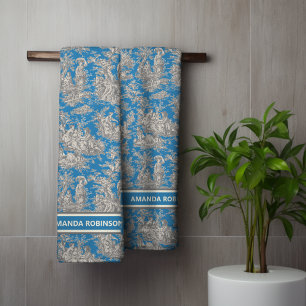 Vintage Blue Turquoise French Toile de Jouy Bath Towel Set