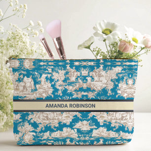 Vintage blue turquoise toile de jouy monogram accessory pouch