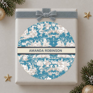 Vintage blue turquoise toile de jouy monogram classic round sticker