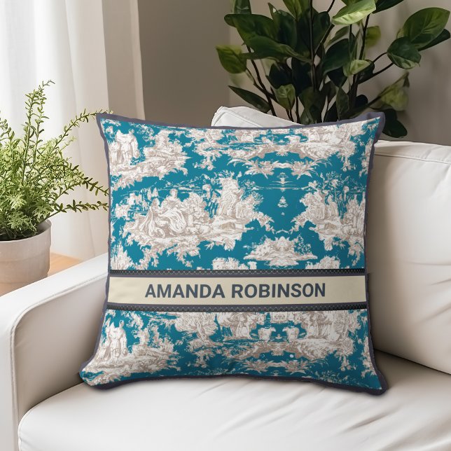 Vintage blue turquoise toile de jouy monogram cushion (Creator Uploaded)