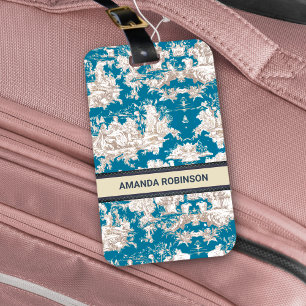 Vintage blue turquoise toile de jouy monogram luggage tag