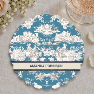 Vintage blue turquoise toile de jouy monogram paper coaster