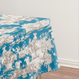 Vintage blue turquoise toile de jouy monogram tablecloth
