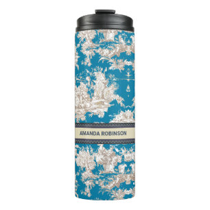 Vintage blue turquoise toile de jouy monogram thermal tumbler
