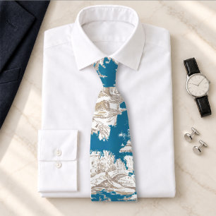 Vintage blue turquoise toile de jouy monogram tie