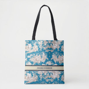 Vintage blue turquoise toile de jouy monogram tote bag