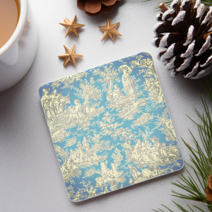 Vintage blue turquoise toile de jouy pattern stone coaster