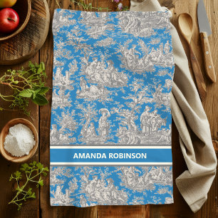 Vintage blue turquoise toile de jouy printed tea towel