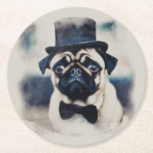 Vintage BLue Tux Pug Portrait Round Paper Coaster