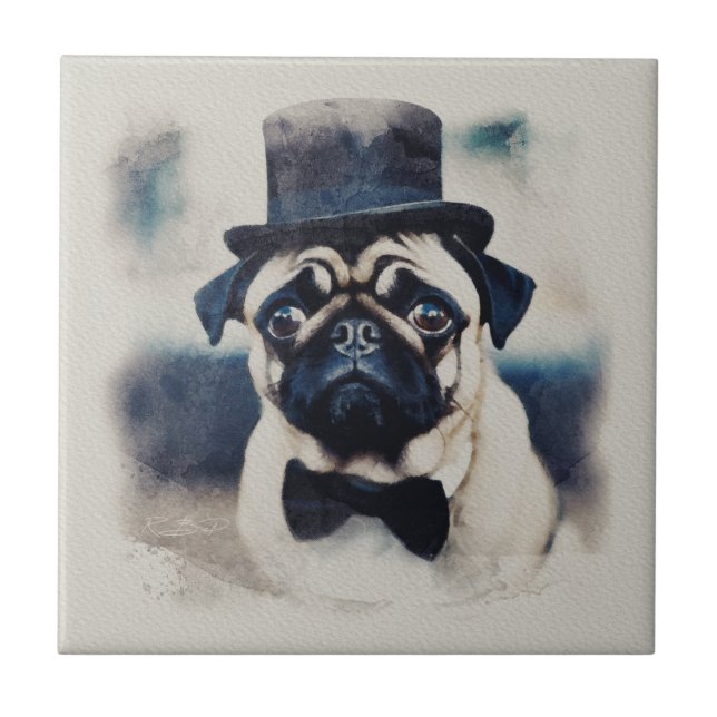 Vintage BLue Tux Pug Portrait Tile (Front)