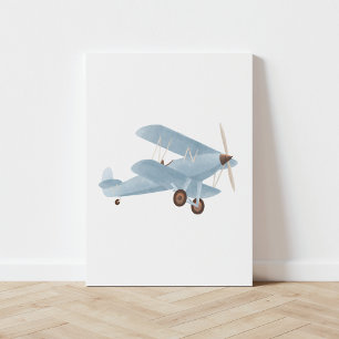 Vintage Blue Watercolor Biplane Canvas Print