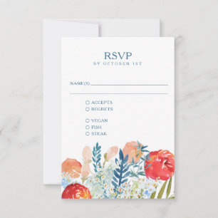 Vintage Blue Watercolor Floral Boho Wedding Meal RSVP Card