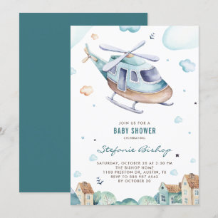 Vintage Blue Watercolor Helicopter Boy Baby Shower Invitation