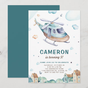 Vintage Blue Watercolor Helicopter Kids Birthday Invitation