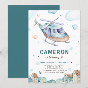 Vintage Blue Watercolor Helicopter Kids Birthday Invitation