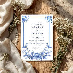 Vintage Blue Watercolor Ornaments QR Code Wedding Invitation