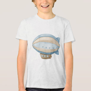 Vintage Blue Watercolor Steampunk Blimp Dirigible Tri-Blend Shirt