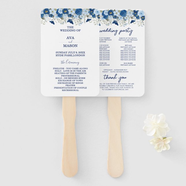 Vintage blue watercolour floral wedding hand fan (Front and Back)