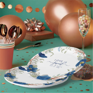 Vintage blue watercolour floral wedding paper plate