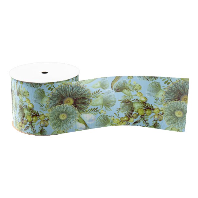Vintage Blue Wattle and Eucalyptus Grosgrain Ribbon (Spool)