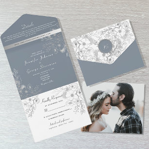 Vintage Blue Wedding All In One Invitation