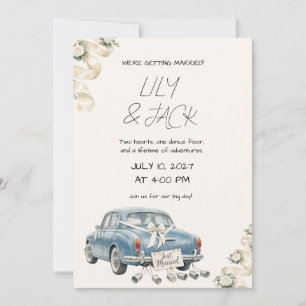 Vintage Blue Wedding Car Illustration Invitation