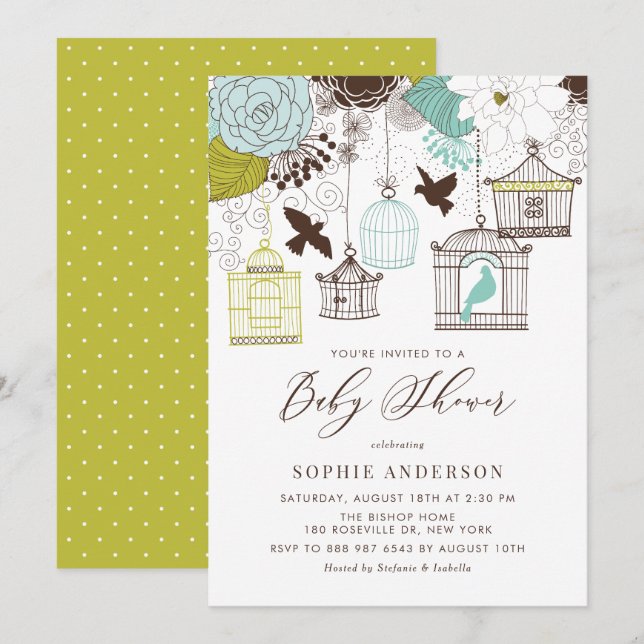 Vintage Blue Whimsical Birdcages Baby Shower Invitation (Front/Back)