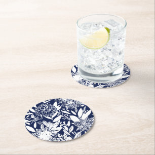 Vintage Blue White Bird Love Floral Garden Round Paper Coaster