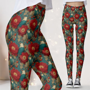 Vintage Blue White Birds Jade Floral Red Botanical Leggings