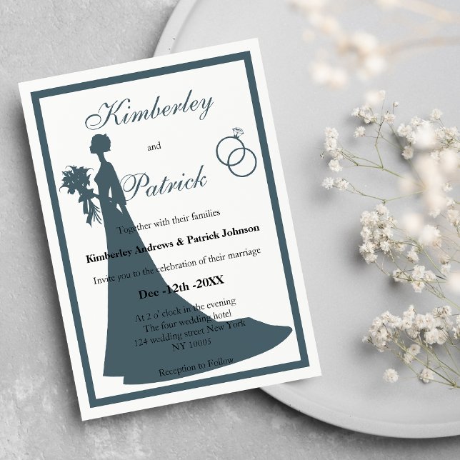 Vintage blue white bride Silhouette Wedding Invitation (Vintage blue white bride Silhouette Wedding )