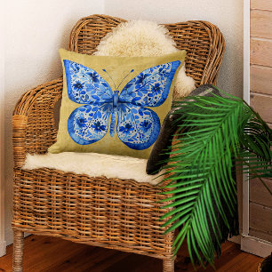 Vintage Blue White Butterfly Antique Gold Damask  Cushion