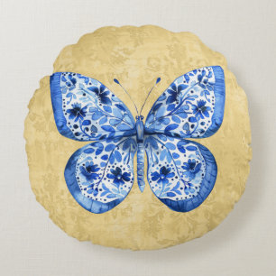 Vintage Blue White Butterfly Antique Gold Damask Round Cushion