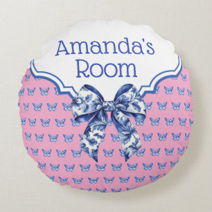 Vintage Blue White Butterfly Bow Personalised Round Cushion
