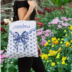 Vintage Blue White Butterfly Bow Personalised Tote Bag