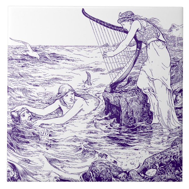 Vintage Blue & White Celtic Harp & Mermaid Tile (Front)