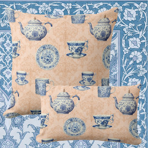 Vintage Blue White Chinoiserie Faded Peach Damask Cushion