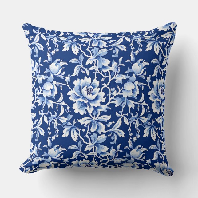 Vintage Blue & White Chinoiserie Floral Cushion (Front)