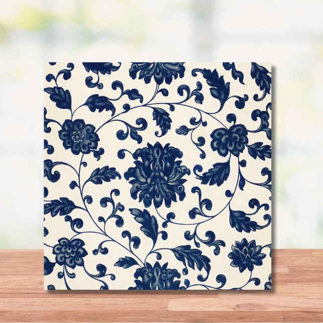 Vintage Blue + White Chinoiserie Pattern Floral Tile (A beautiful vintage blue+ white chinoiserie pattern tile. Great for a modern farmhouse kitchen.)