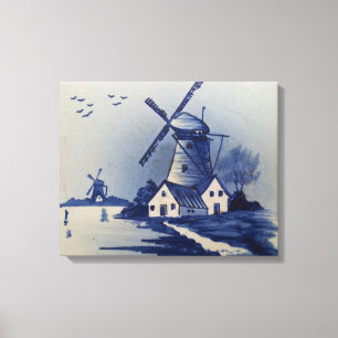 Vintage Blue White Delft Windmill Canvas Print