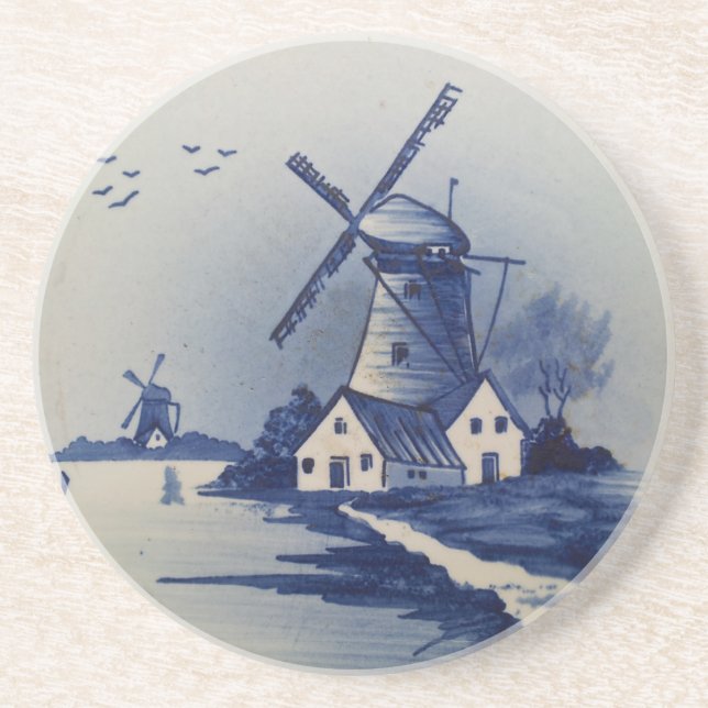 Vintage Blue White Delft Windmill Coaster (Front)