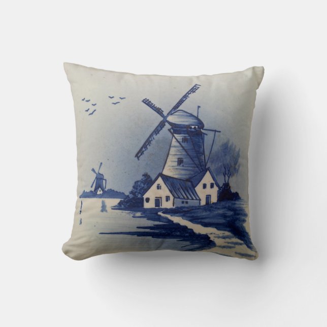 Vintage Blue White Delft Windmill Cushion (Front)