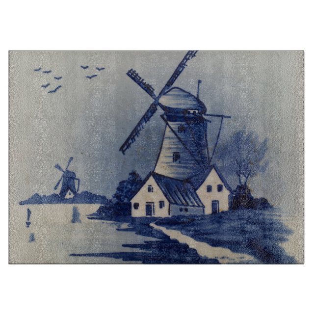 Vintage Blue White Delft Windmill Cutting Board (Front)