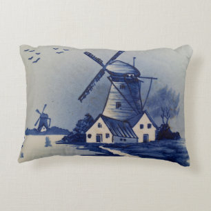 Vintage Blue White Delft Windmill Decorative Cushion