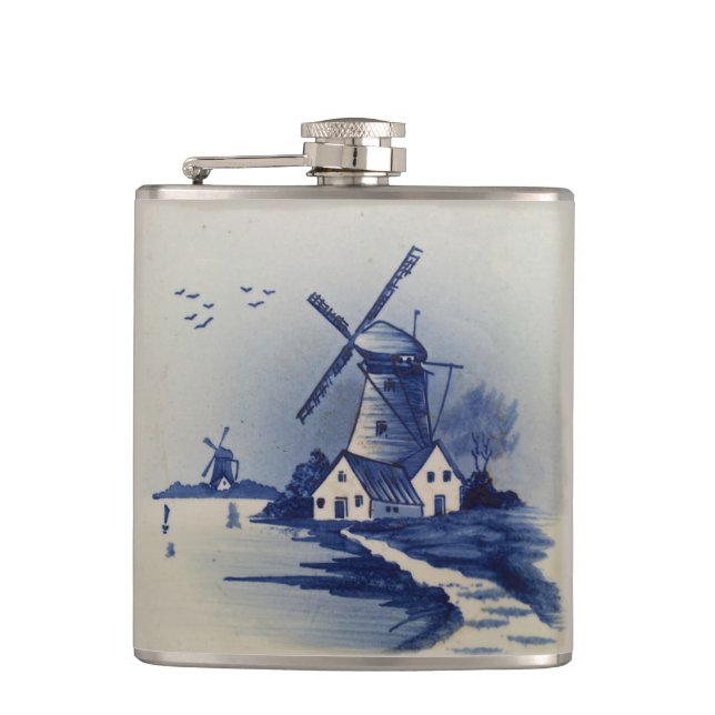 Vintage Blue White Delft Windmill Hip Flask (Front)