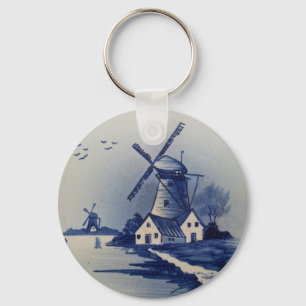 Vintage Blue White Delft Windmill Key Ring